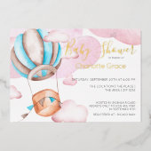 雲の中の青い熱気球ベビーシャワー 箔招待状 (正面)