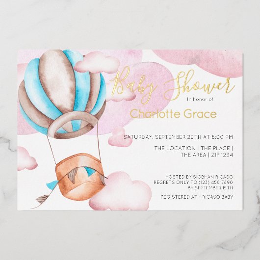 雲の中の青い熱気球ベビーシャワー 箔招待状 (正面)
