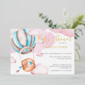 雲の中の青い熱気球ベビーシャワー 箔招待状 (立ち正面)