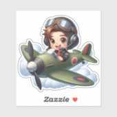 雲の中を飛ぶ少年パイロットとビンテージ飛行機 かわいい シール (シート)