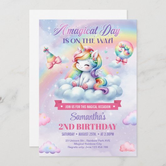 雲の女の子の上にかわいい虹のユニコーン2nd誕生日 招待状 (正面/裏面)