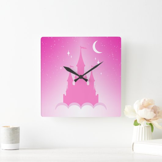 雲の星明かりの月の空のピンクの夢みるような城 スクエア壁時計 (ホーム)
