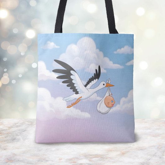 雲の空のコウノトリ抱っこ赤ちゃん トートバッグ