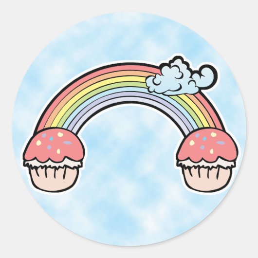 雲の背景、虹のカップケーキの終わり ラウンドシール (正面)