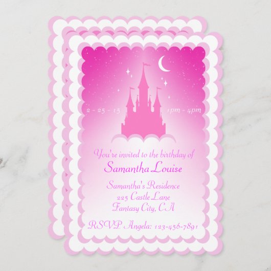 雲の誕生日のピンクの夢みるような城 招待状 (正面/裏面)