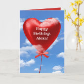 雲の誕生日の赤いハートの気球 カード (黄色い花)