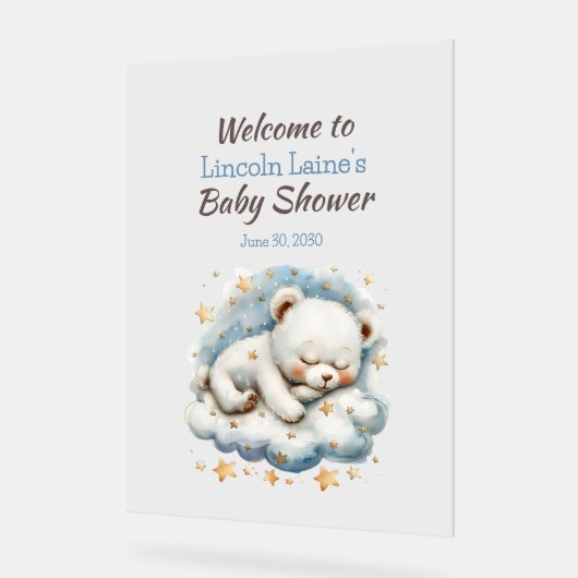 雲の赤ちゃんシャワーで眠っているテディベア アクリルサイン (傾斜)