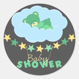 雲の赤ちゃんシャワーで眠る緑のテディベア ラウンドシール
