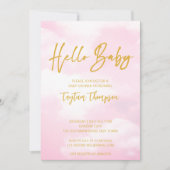 雲の赤ちゃんシャワーピンクと金ゴールド 招待状 (正面)