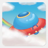 雲をカラフル通るUFOの飛んでいる宇宙船 スクエアシール (正面)