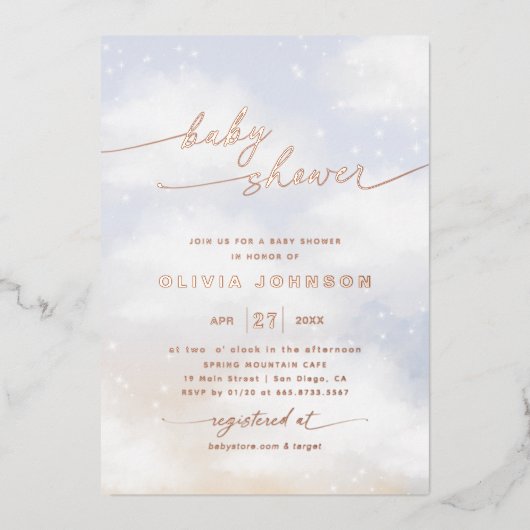 雲をテーマにしたベビースシャワー 箔招待状 (正面)