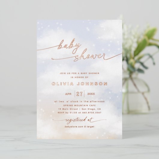 雲をテーマにしたベビースシャワー 箔招待状 (立ち正面)