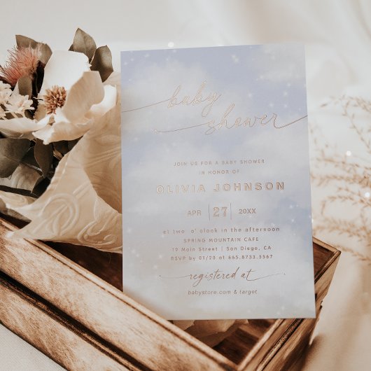 雲をテーマにしたベビースシャワー 箔招待状