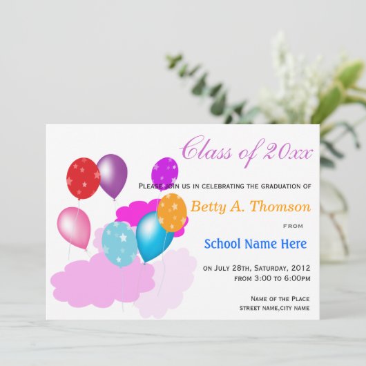 雲カラフル風船の幼稚園 招待状 (スタンド正面)