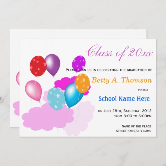 雲カラフル風船の幼稚園 招待状 (正面/裏面)