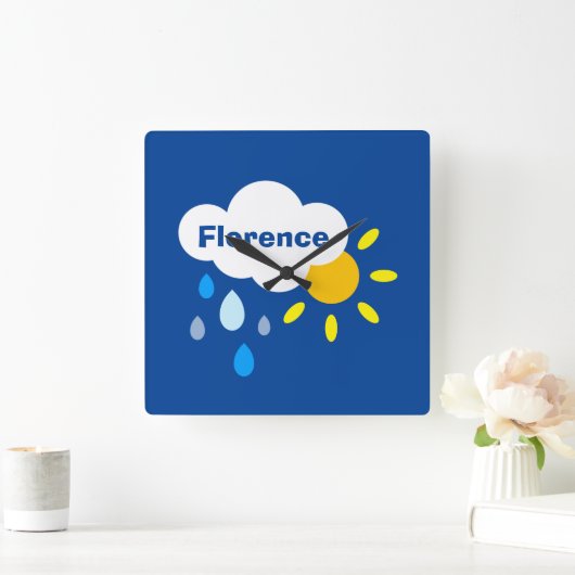 雲パーソナライズされたと雨と太陽 スクエア壁時計 (ホーム)