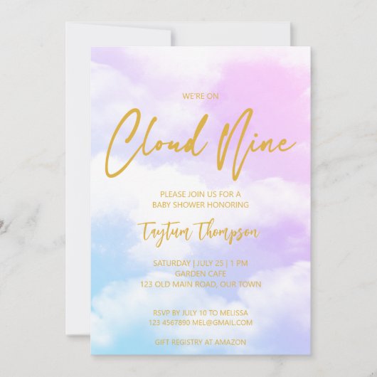 雲九ピンクと青の赤ちゃんシャワー 招待状 (正面)