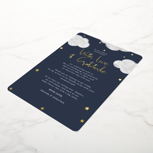 雲濃い青の赤ちゃんシャワーフラットサンキュー 箔招待状 (回転した状態)