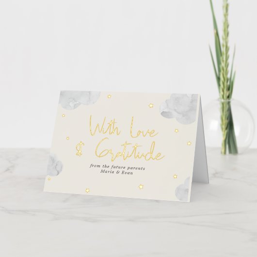 雲男女兼用星赤ちゃんシャワーありがとう 箔グリーティングカード (正面)