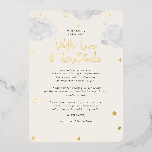 雲男女兼用赤ちゃんシャワーFlat Thank You 箔招待状 (正面)