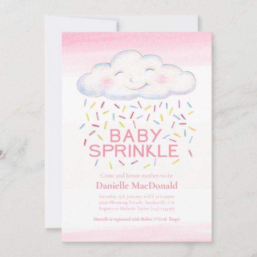 雲飴はピンクの水の色の赤ちゃんシャワーを振りかける 招待状 (正面)