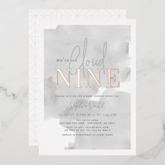 雲9グレースカイウォーターカラーベビーシャワー 箔招待状 (正面/裏面)