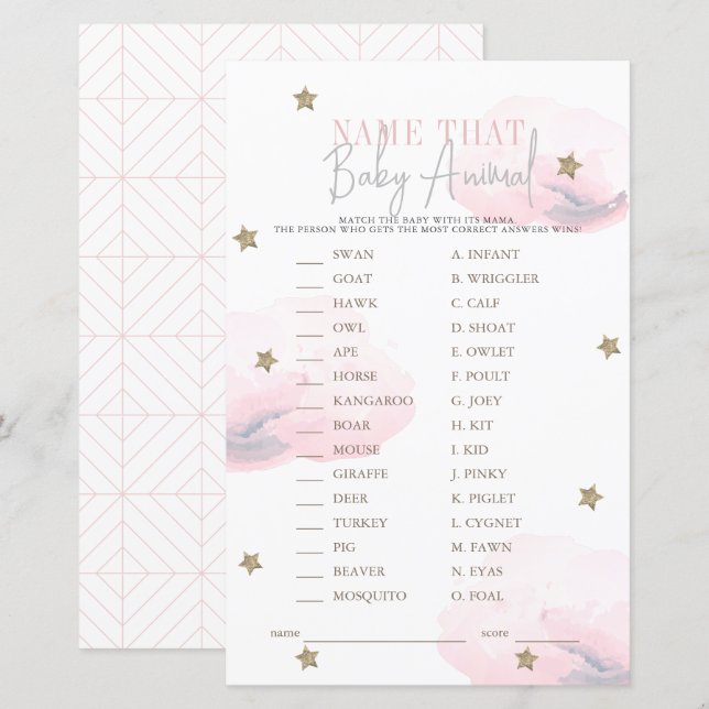 雲9スターピンク赤ちゃんシャワー赤ちゃん動物の名前 (正面/裏面)