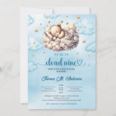 雲9眠っているテディベア男の子ベビーシャワー 招待状 (正面)