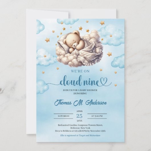 雲9眠っているテディベア男の子ベビーシャワー 招待状 (正面)