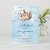 雲9眠っているテディベア男の子ベビーシャワー 招待状 (スタンド正面)