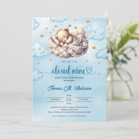 雲9眠っているテディベア男の子ベビーシャワー 招待状 (スタンド正面)