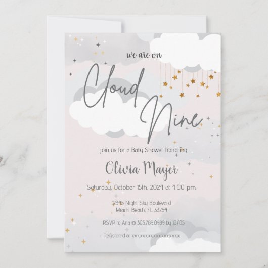 雲9色男女兼用の水色ベビーシャワー 招待状 (正面)
