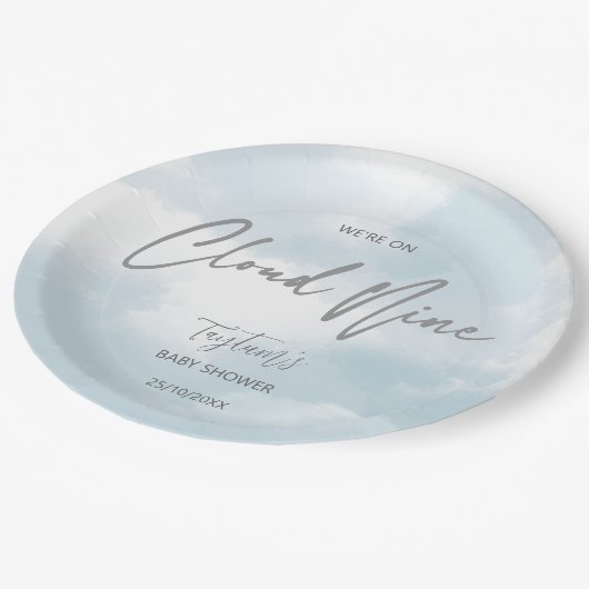 雲9赤ちゃんシャワー灰色ほこりっぽい青 ペーパープレート (アングル)