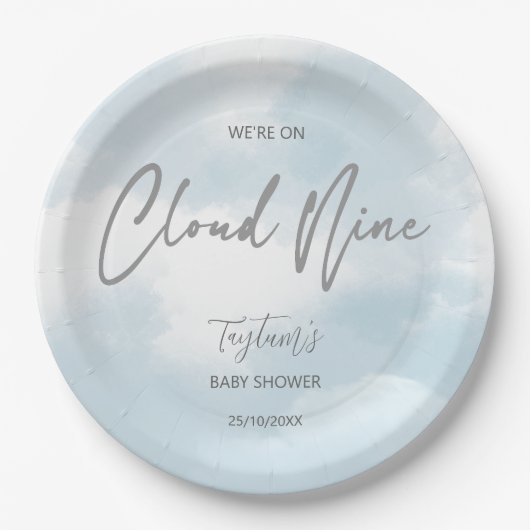 雲9赤ちゃんシャワー灰色ほこりっぽい青 ペーパープレート (正面)