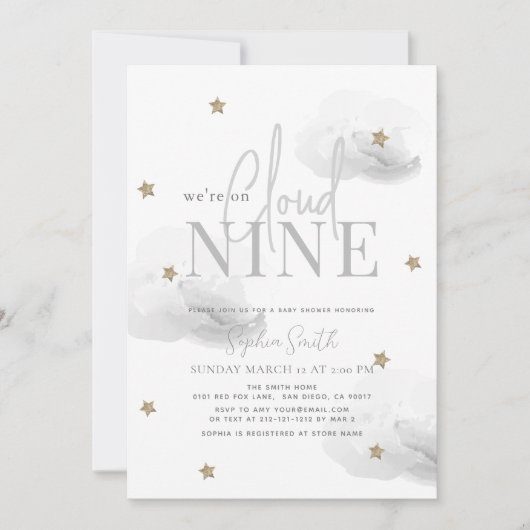 雲9金ゴールド星水色グレーベビーシャワー 招待状 (正面)