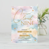 雲9金ゴールド星水色ベビーシャワー 招待状 (スタンド正面)