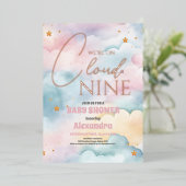 雲9金ゴールド星水色ベビーシャワー 箔招待状 (立ち正面)