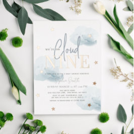 雲9青い雲の水の色ボーイベビーシャワー 箔招待状