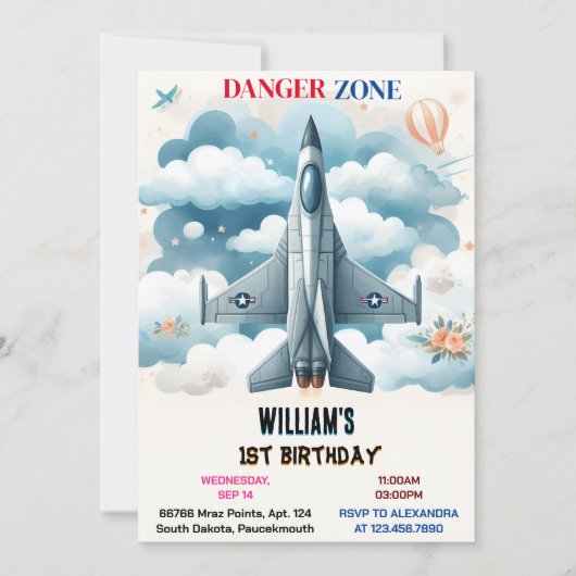 雲9飛ぶかわいいスカイジョイ飛行機1回目の誕生日 招待状 (正面)