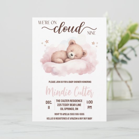 雲9、ピンク眠っているテディベア赤ちゃんシャワー 招待状 (スタンド正面)