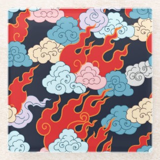 雲、炎：黒いヴィンテージパターン。 ガラスコースター