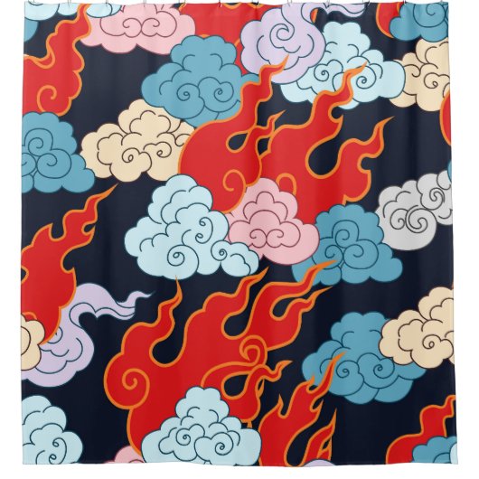 雲、炎：黒いヴィンテージパターン。 シャワーカーテン (正面)