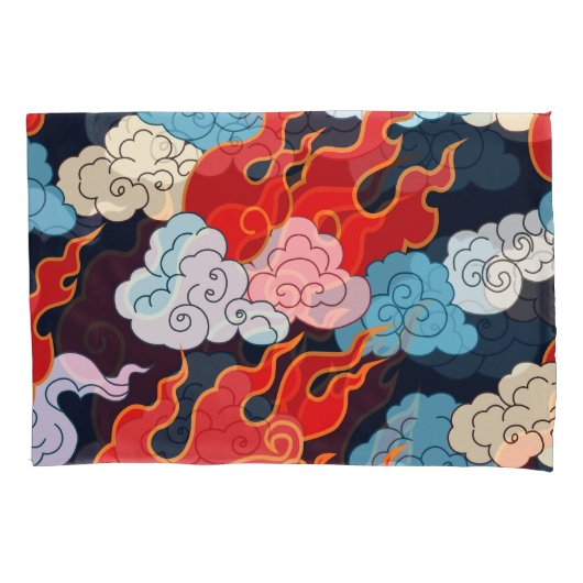 雲、炎：黒いヴィンテージパターン。 枕カバー (正面)