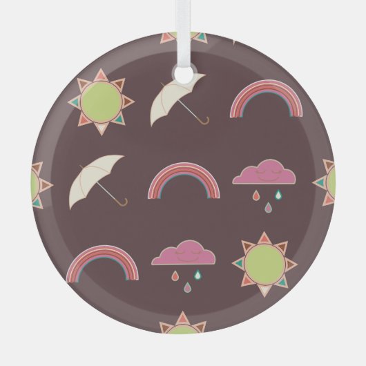 雲、雨、太陽、傘のパターン。 ガラスオーナメント (正面)