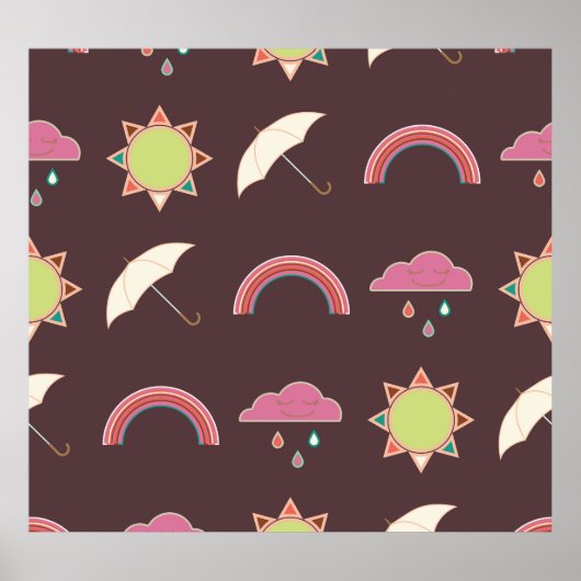 雲、雨、太陽、傘のパターン。 ポスター (正面)