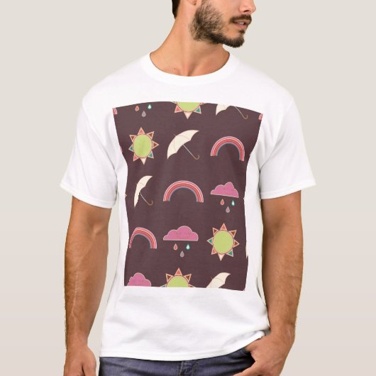 雲、雨、太陽、傘のパターン。 Tシャツ (正面)