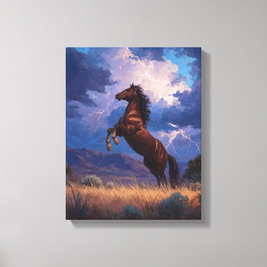 雷に打たれたたてがみが輝く馬の絵画 キャンバスプリント (正面)