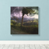 雷吹嵐の中の木が風に キャンバスプリント (インサイチュ (ウッドフロア))