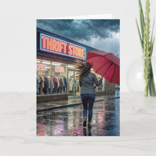 雷雨の中のリサイクルショップの前のバースデーガール カード (正面)