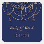 電エレガント気ブルー金ゴールドデザインパタ結婚ーン スクエアシール (正面)